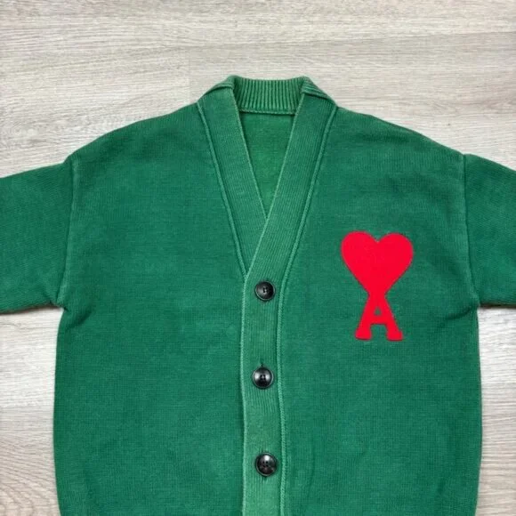 AMI Alexandre Mattiusi Big Heart Cardigan Green Women's - Picture 2 of 3